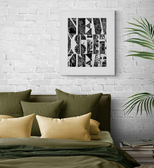 1 Original Kunstwerk als Collage des Schriftzugs "New York", erstellt aus mehreren original Hochdrucken mit Rahmen.- ein absolutes Highlight für New York Fans! Drucke in Carbon-Black auf hochwertigem reinweißem Bütten Papier