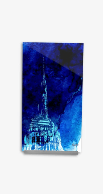 Acrylglas-Aufsteller Empire State Building in hochwertiger Druckqualität – perfekt für New York-Fans! Blau-Aquarell-Druck vom Original, vom Künstler signiert und mit Zertifikat. Limitierte Ausgabe, in 2 Größen erhältlich