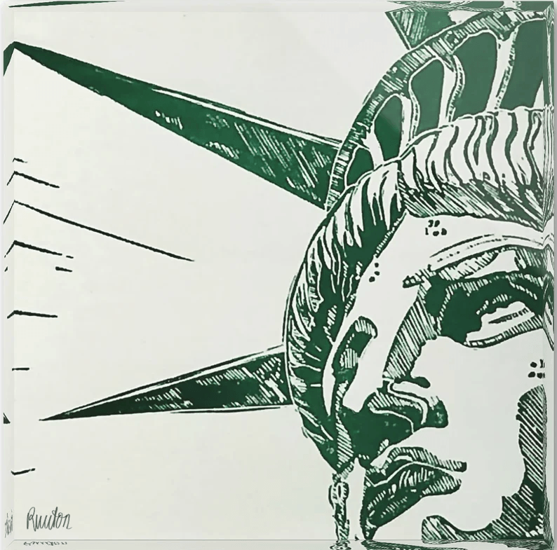 Acrylglas-Block der New Yorker "Lady Liberty" Freiheitsstatue. Schlamm-Grün auf weißem Grund. Hochwertige Druckqualität – perfekt für New York-Fans!  vom Künstler signiert und mit Zertifikat. Limitierte Ausgabe, in 2 Größen.