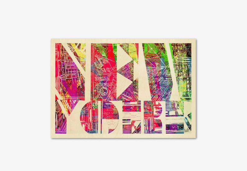 Fotodruck auf stabiler Holzplatte/New York Plakat/Mehrfarbig/Hochwertiger Druck v.Original/Limitiert/m. Zertifikat/Signiert/in 10 Größen