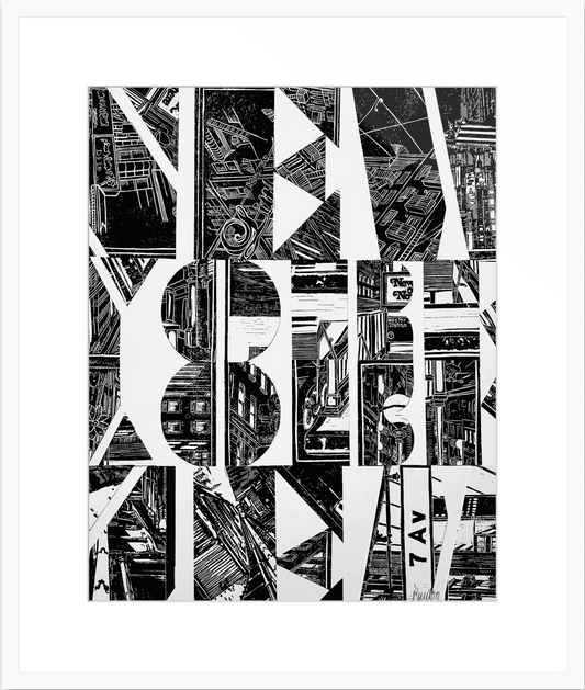 1 Original Kunstwerk als Collage des Schriftzugs "New York", erstellt aus mehreren original Hochdrucken mit Rahmen.- ein absolutes Highlight für New York Fans! Drucke in Carbon-Black auf hochwertigem reinweißem Bütten Papier