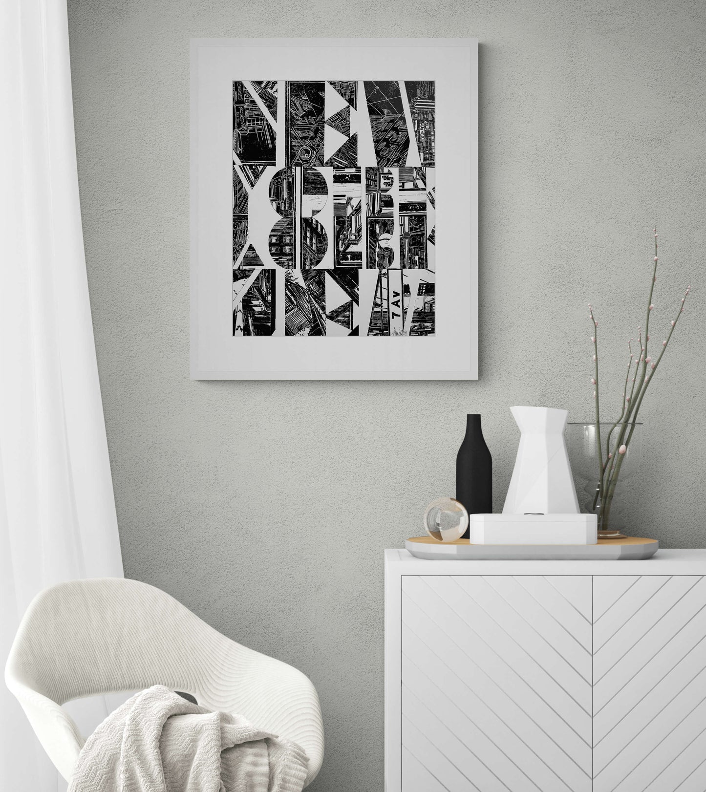 1 Original Kunstwerk als Collage des Schriftzugs "New York", erstellt aus mehreren original Hochdrucken mit Rahmen.- ein absolutes Highlight für New York Fans! Drucke in Carbon-Black auf hochwertigem reinweißem Bütten Papier