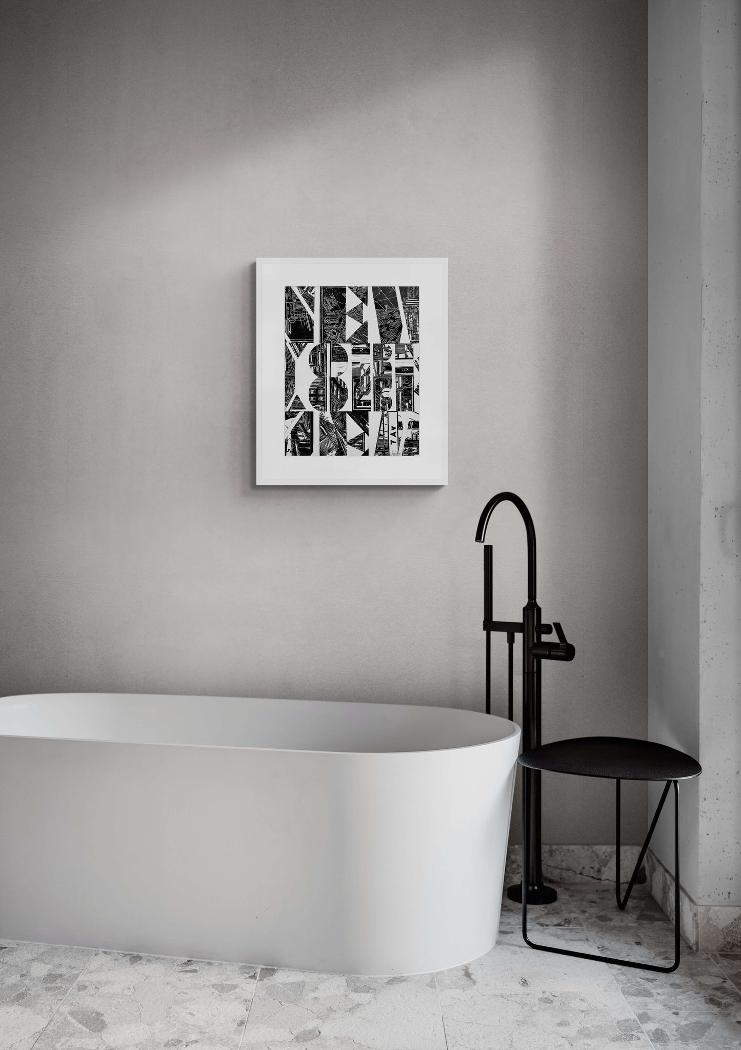 1 Original Kunstwerk als Collage des Schriftzugs "New York", erstellt aus mehreren original Hochdrucken mit Rahmen.- ein absolutes Highlight für New York Fans! Drucke in Carbon-Black auf hochwertigem reinweißem Bütten Papier