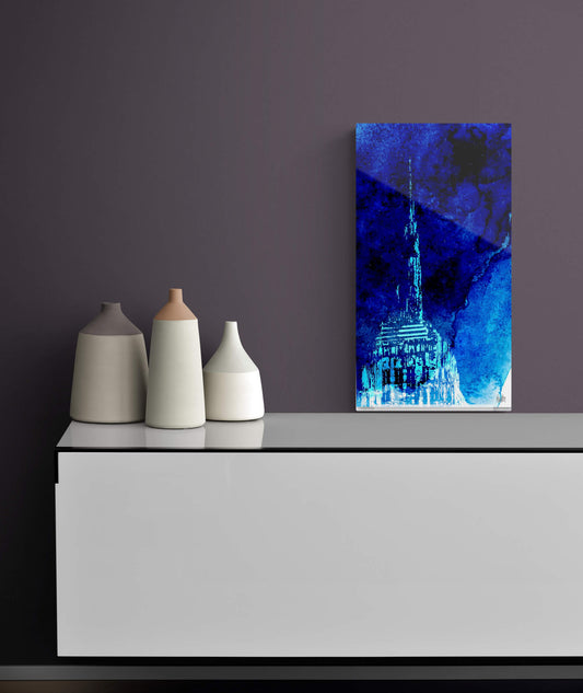 Acrylglas-Aufsteller Empire State Building in hochwertiger Druckqualität – perfekt für New York-Fans! Blau-Aquarell-Druck vom Original, vom Künstler signiert und mit Zertifikat. Limitierte Ausgabe,  in 2 Größen erhältlich